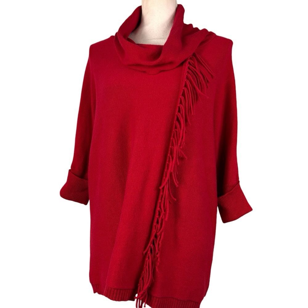 Chico’s Oversizes Red Fringed Cowl Neck Sweater Size 0 Small Christmas Holiday